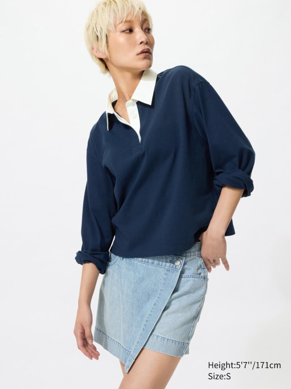 Uniqlo Navy Rugby-Style Long Sleeve Top with White Collar
